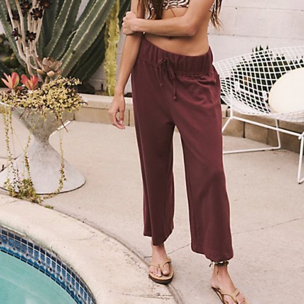 NWOT Free People Beach Essential Gaucho Pants Brown Mid Rise Cropped Wide Leg S - Picture 3 of 8